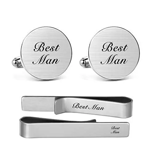 MUEEU stainless steel round cufflinks and a matching tie clip set in a sleek keepsake bag