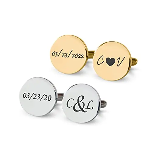 Gold and silver stainless steel cufflinks set for personalized laser engraving of initials or dates