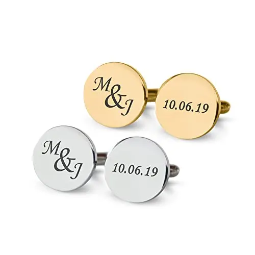 Elegant gold or silver cufflinks that can be custom engraved with wedding dates, quotes, or couple's initials