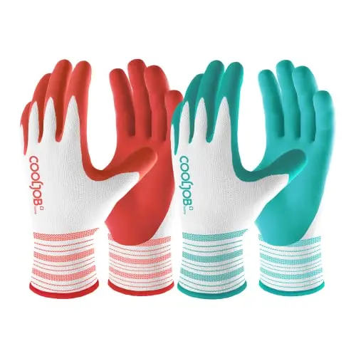 COOLJOB women's medium gardening gloves in bright red and mint green with rubber coating