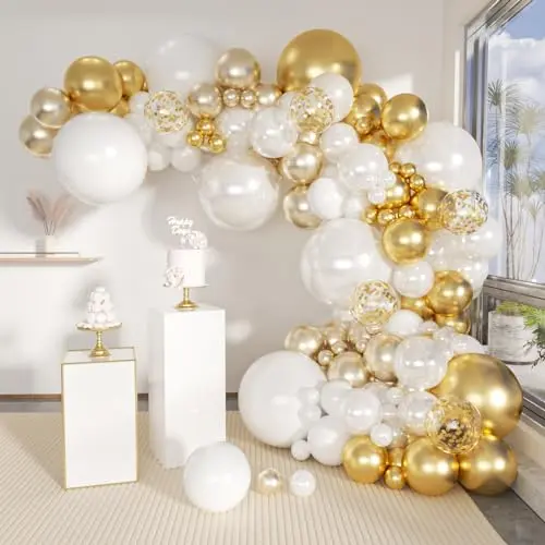 MOXMAY gold, white, champagne, and pearl balloon garland kit with confetti