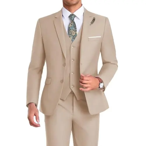 Mrbuerly beige three-piece slim fit suit on a hanger