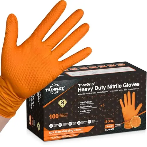 Orange TitanFlex 8-mil nitrile mechanic gloves with raised diamond texture on palms