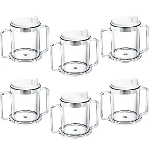Six clear plastic adult sippy cups with handles and lids