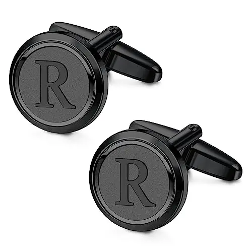 LOYALLOOK matte black cufflinks with a personalized initial monogram in contrasting finish