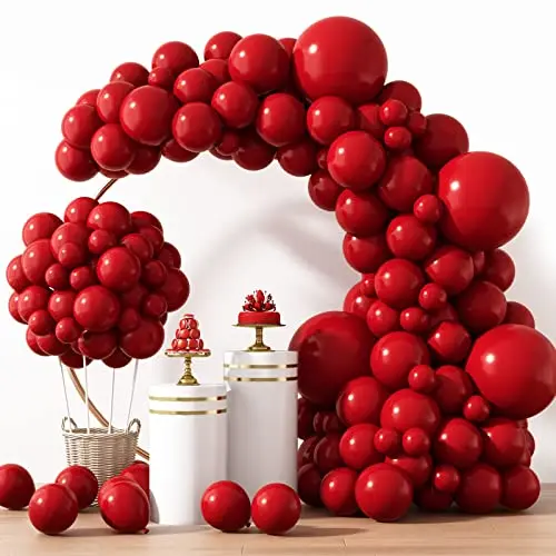 RUBFAC 129 piece ruby red latex balloon kit with glue and ribbon
