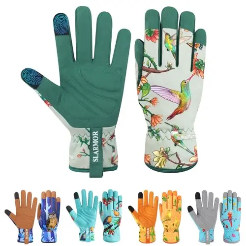 SLARMOR women's gardening gloves with hummingbird design and touchscreen fingertips