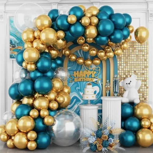 FunHot turquoise blue and metallic gold balloon arch kit with clear balloons