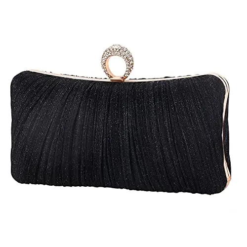Black glitter pleated clutch purse with a decorative rhinestone ring and detachable chain straps.